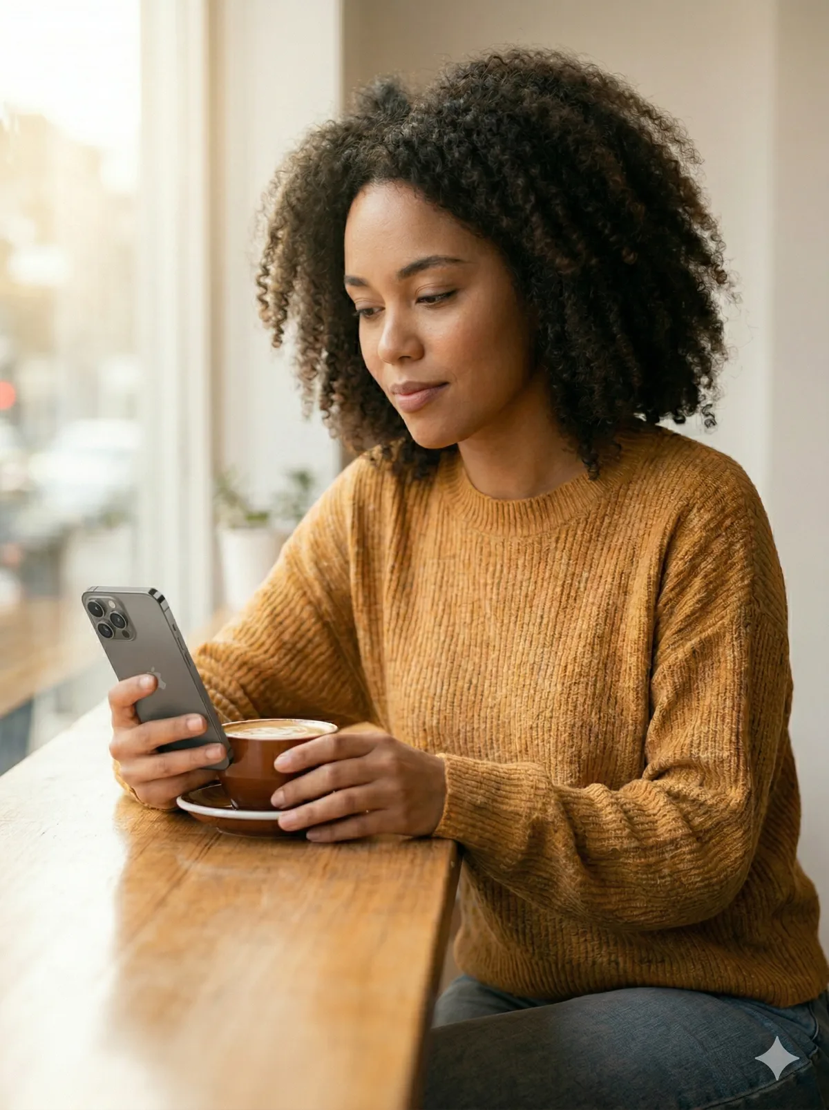 A woman sitting at a café, looking at her phone calmly